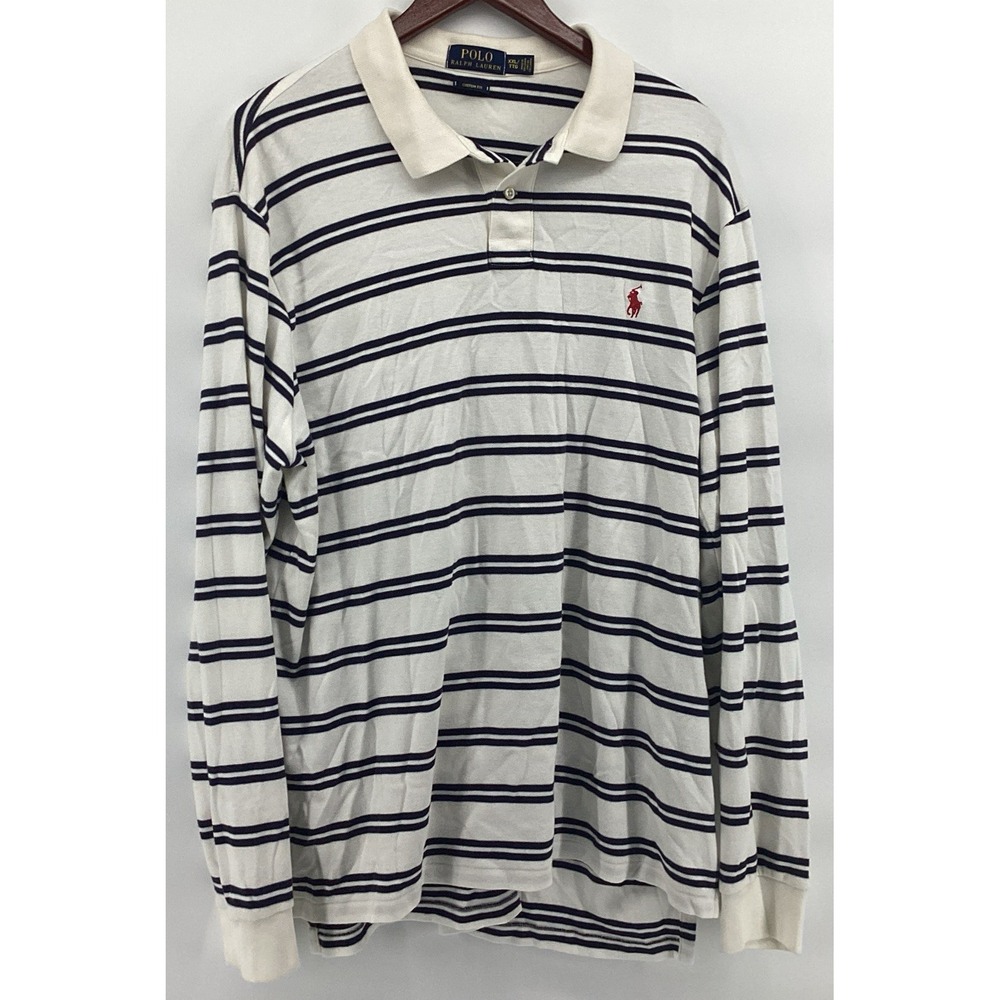 Polo Ralph Lauren Men's XXL Long Sleeve Striped Rugby Polo Shirt White Navy Y2K